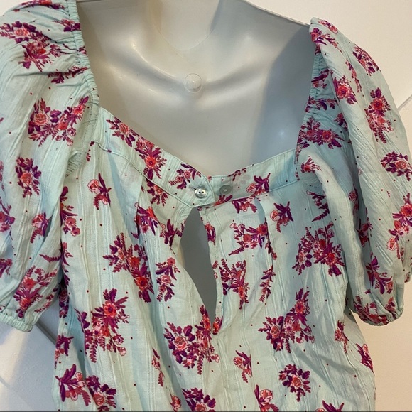 Free People Angela Floral Printed Square Neck Puff Sleeve Lace Bodysuit Blue XS - Picture 6 of 8